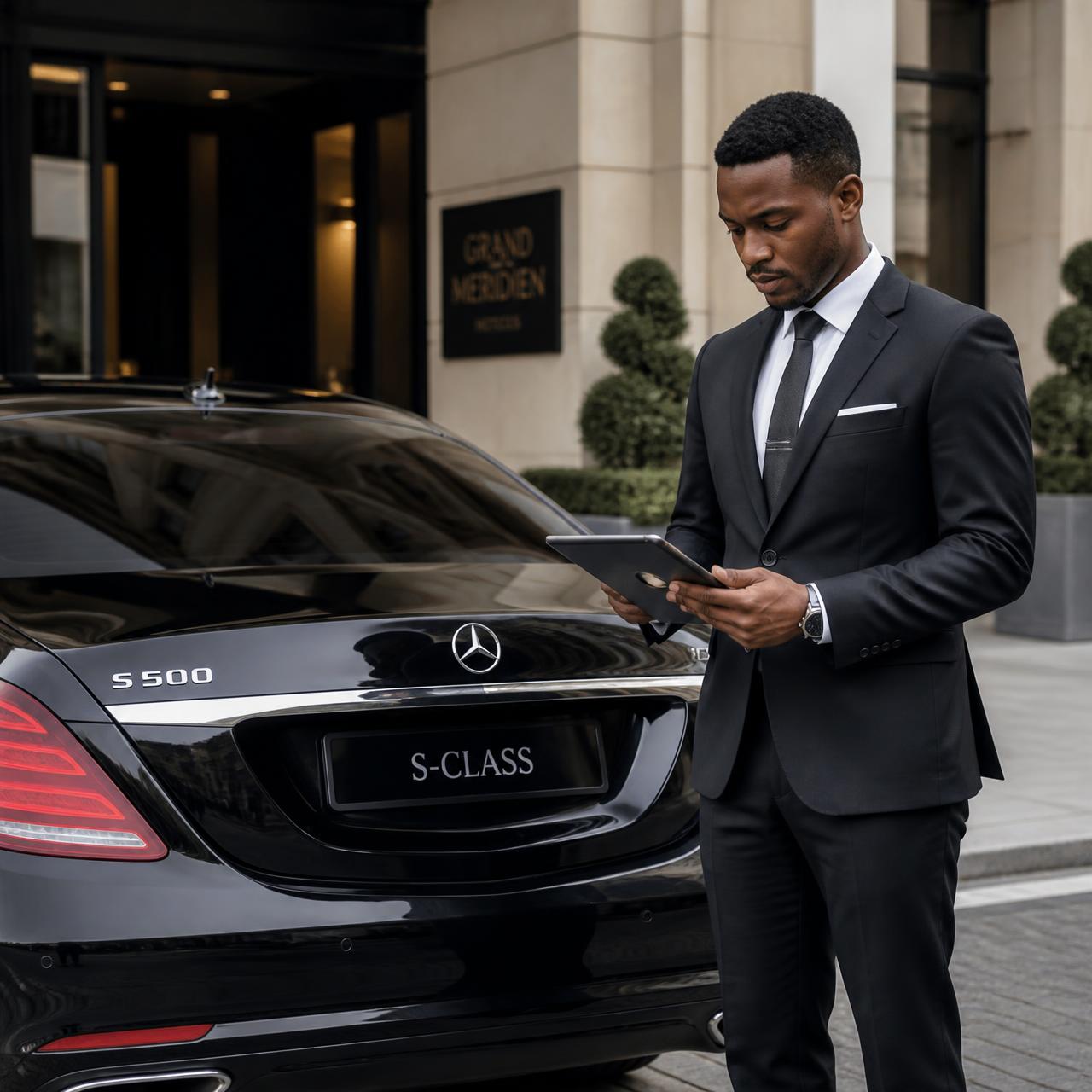 Chauffeur reviewing journey timings on a tablet before an early morning airport run