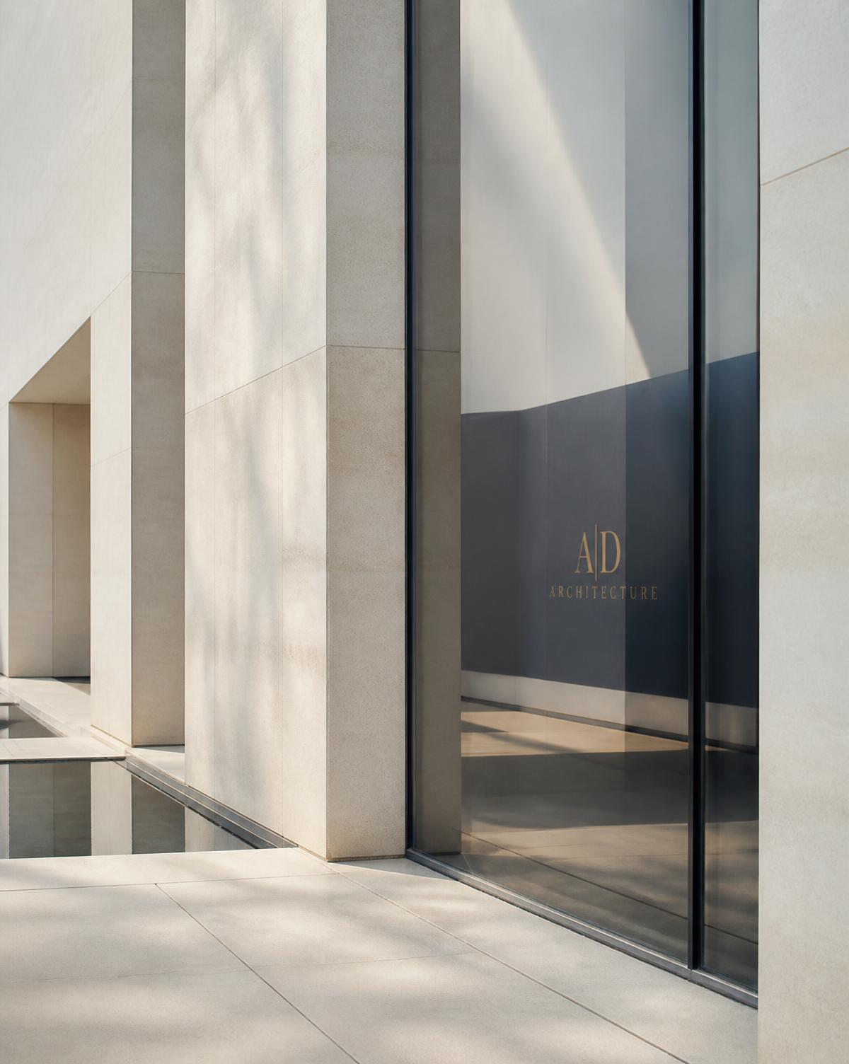 Modern stone and glass building facade in soft daylight