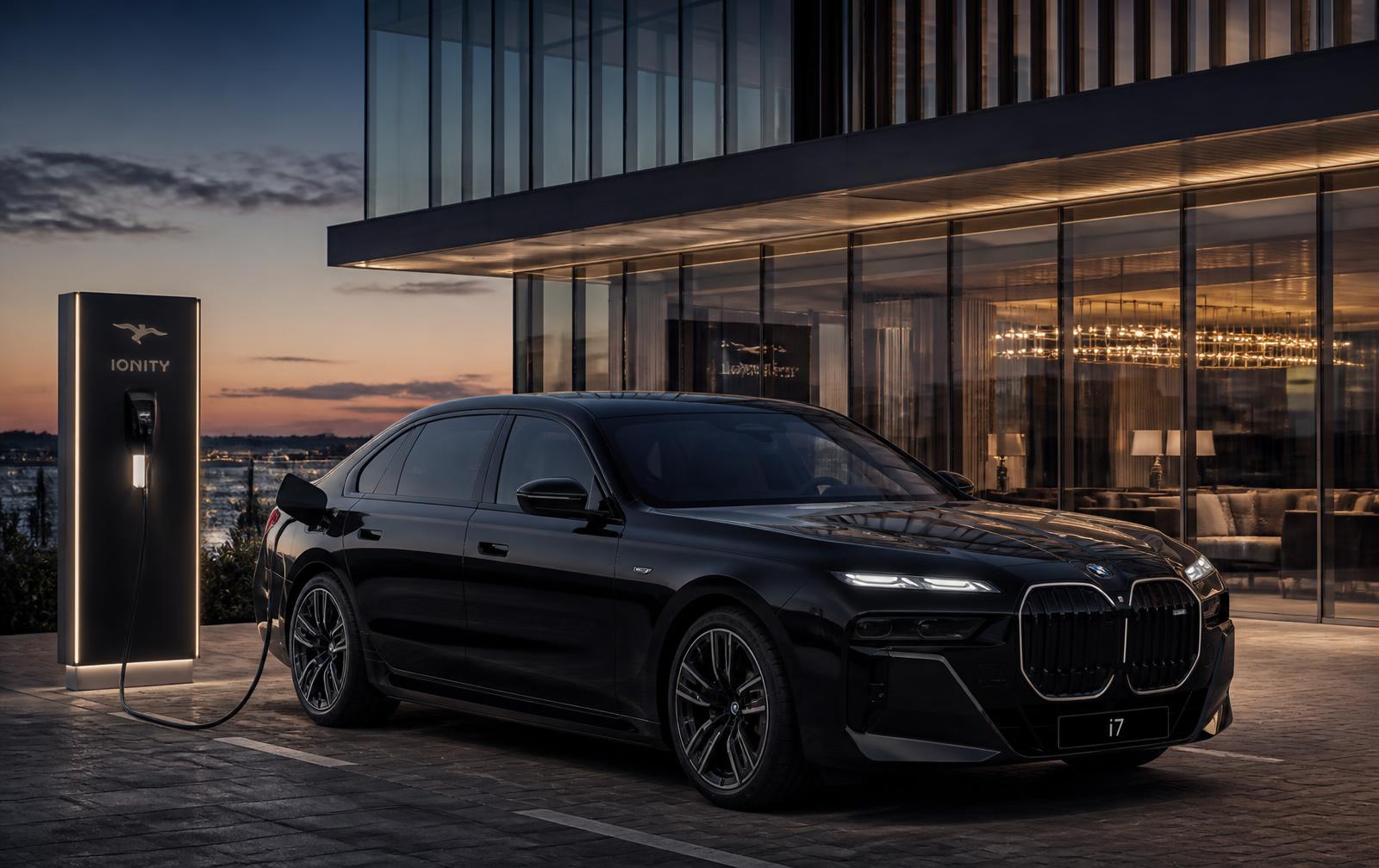 Black BMW i7 electric chauffeur car charging outside a modern building