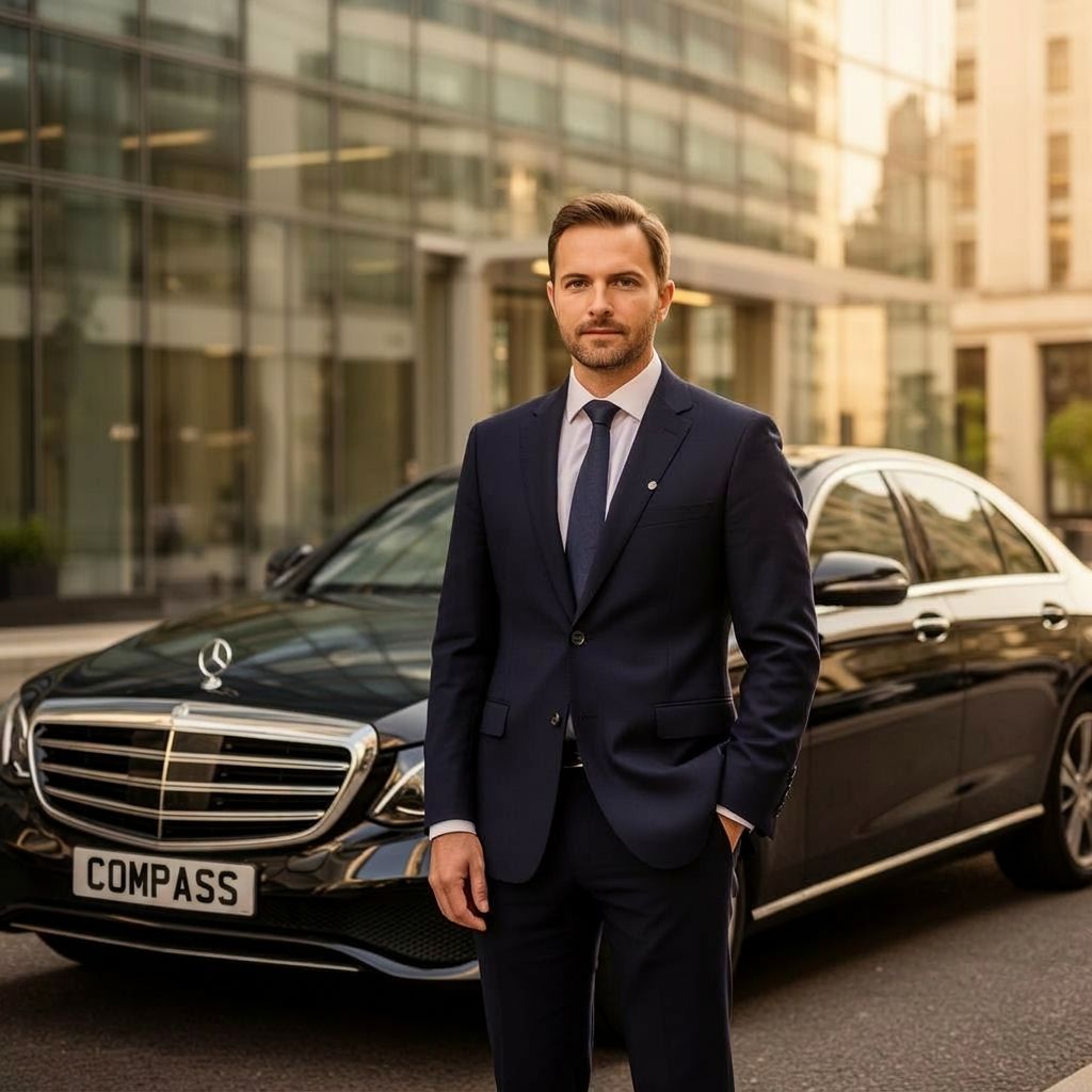 Professional chauffeur outside a London corporate office