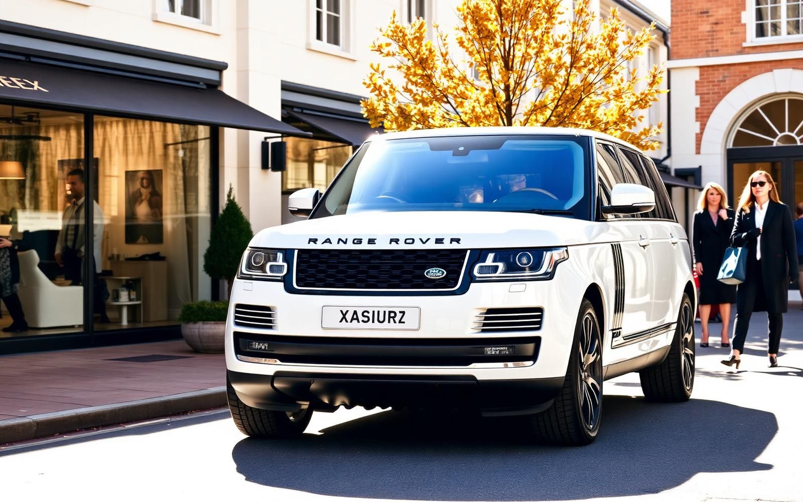 Luxury Range Rover parked outside a Bicester Village boutique storefront