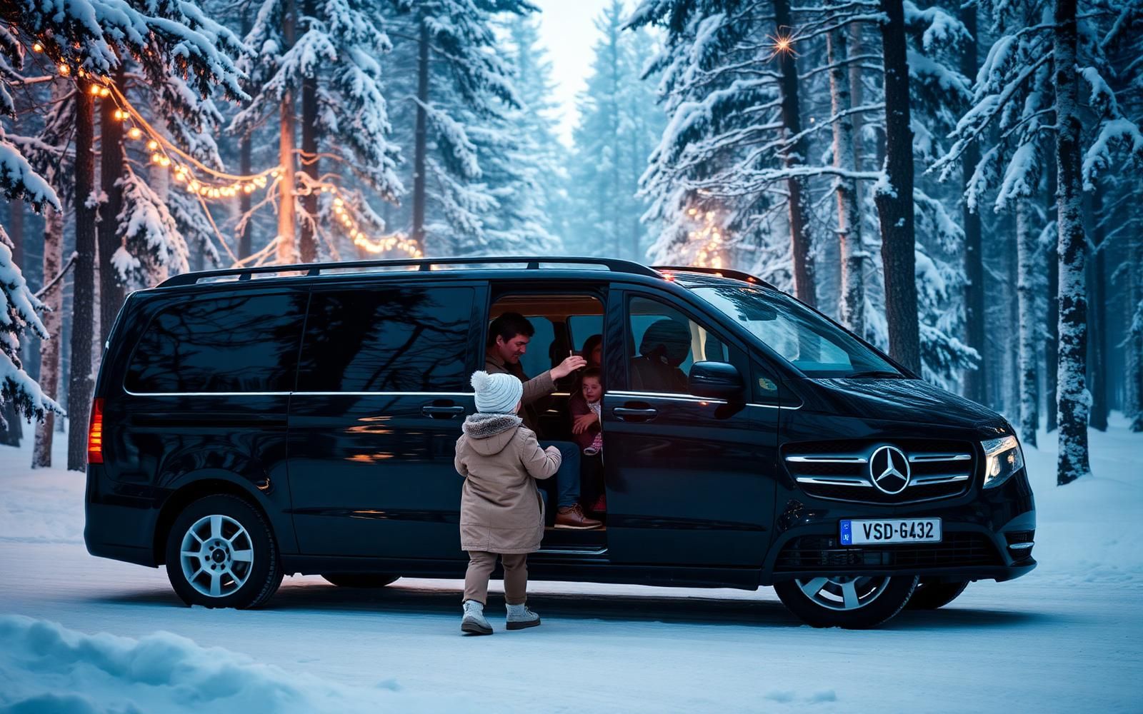 Luxury Mercedes V-Class family MPV in a snowy Lapland UK forest setting