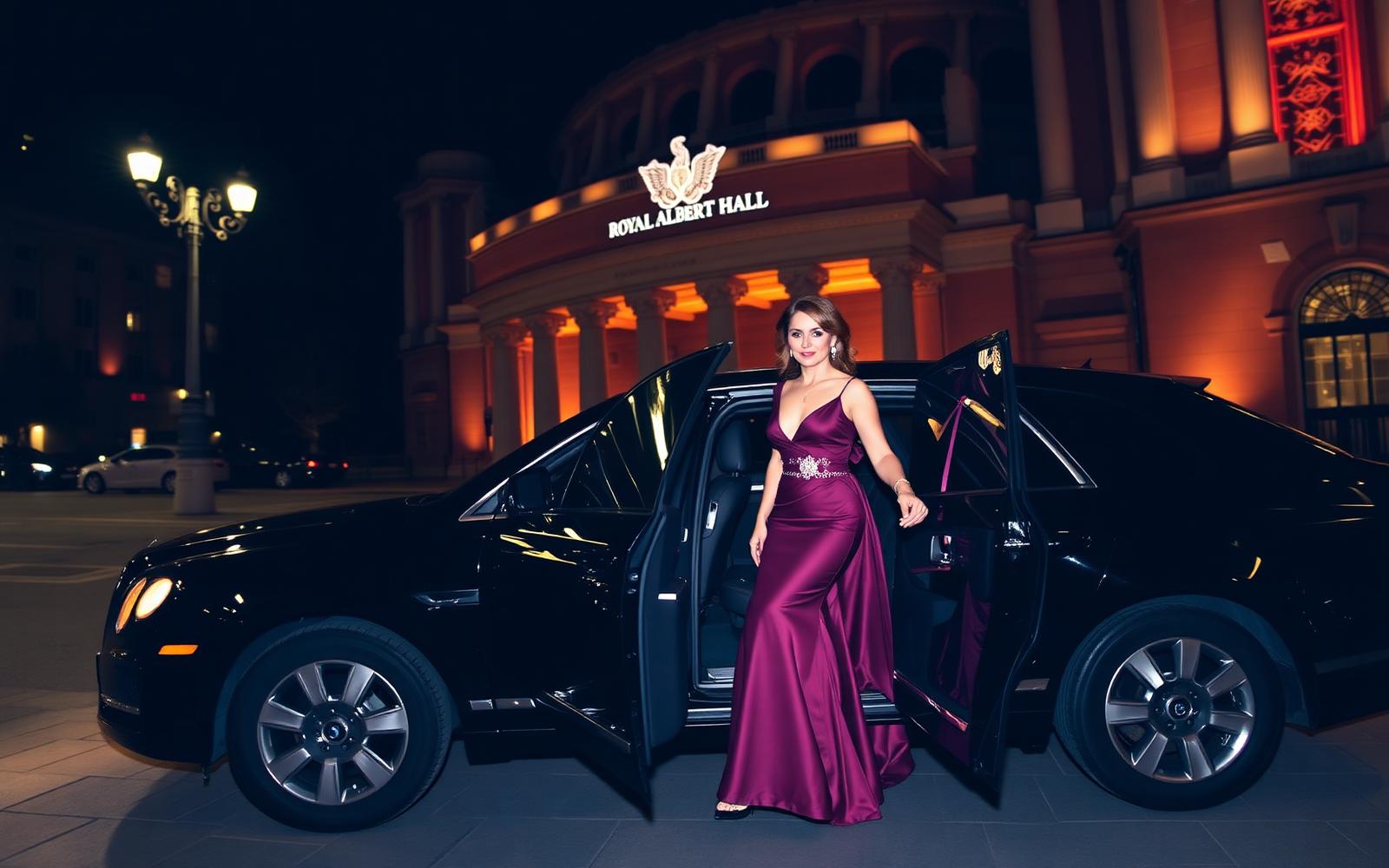 Elegant guest stepping out of a luxury chauffeur car outside the Royal Albert Hall at night