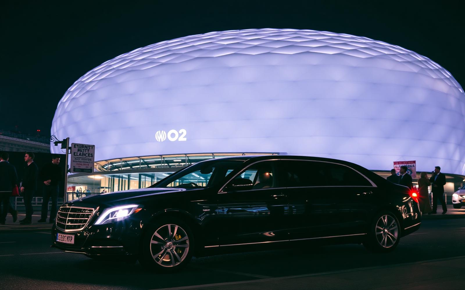 Luxury chauffeur car outside The O2 Arena dome illuminated at night