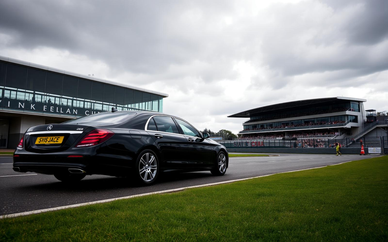 Luxury black chauffeur car parked outside Silverstone Circuit grandstand