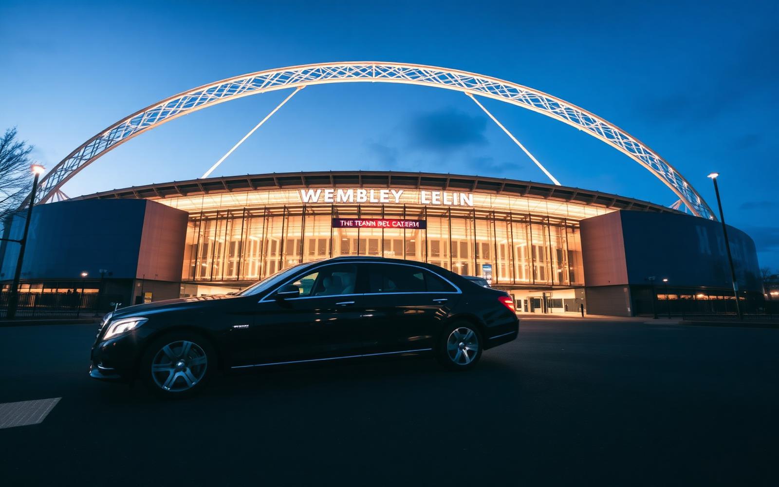 Luxury chauffeur car under the illuminated Wembley Stadium arch at dusk