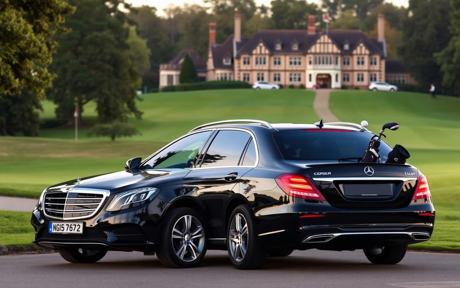 Luxury Mercedes chauffeur car at the entrance of Wentworth Golf Club