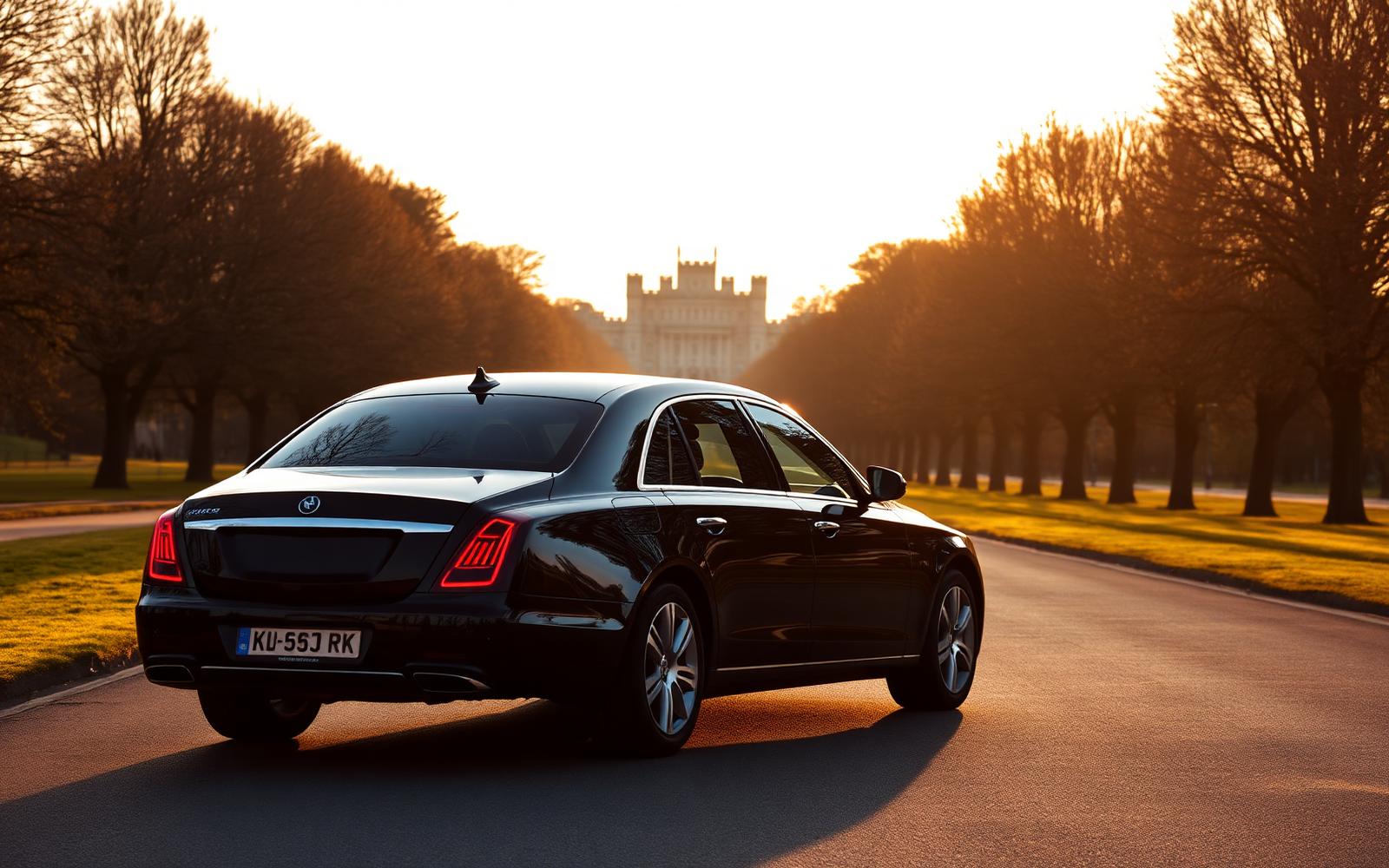 Luxury chauffeur car on the Long Walk with Windsor Castle in the background