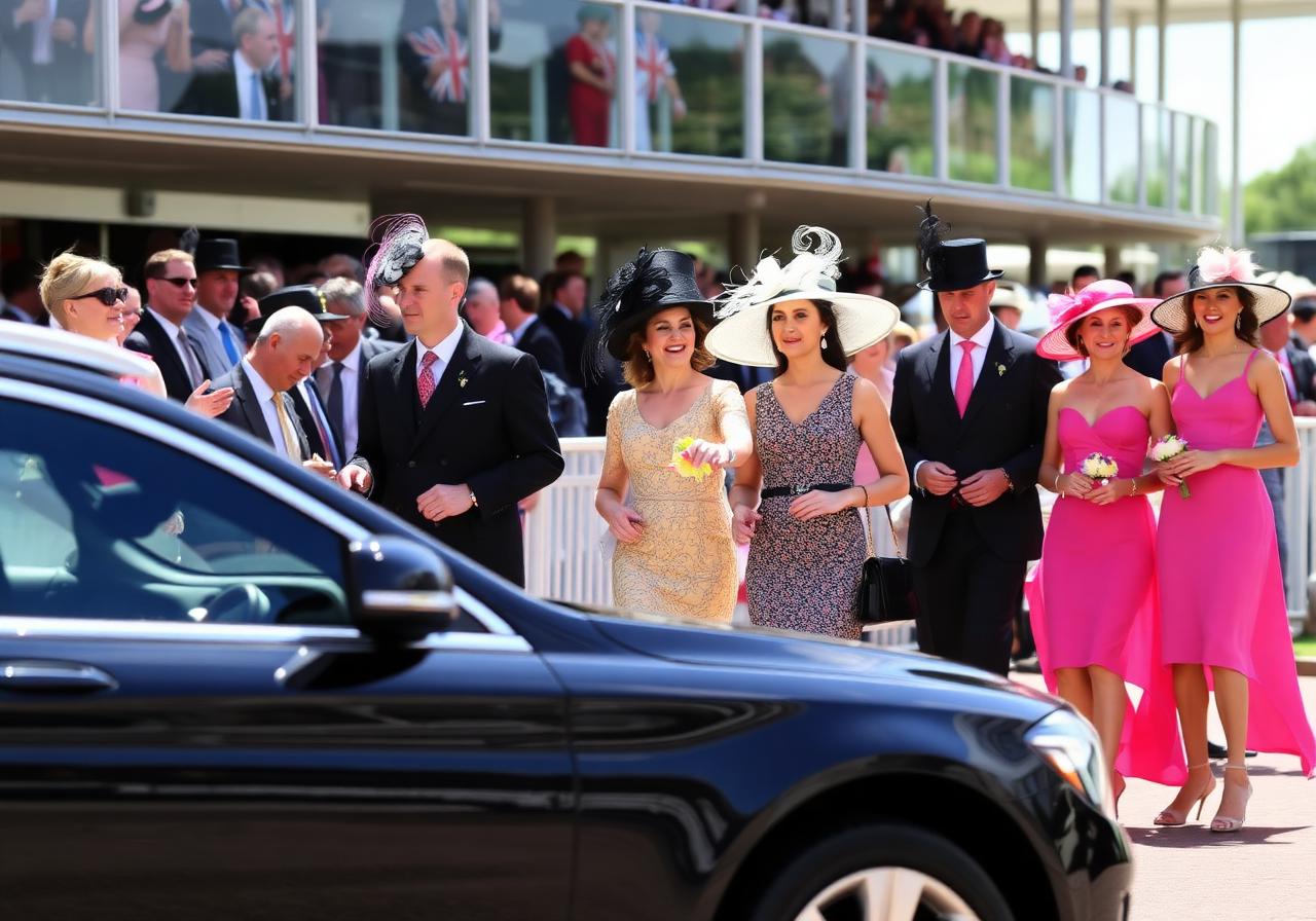 Guests in formal dress arriving at Royal Ascot in a chauffeur-driven executive car