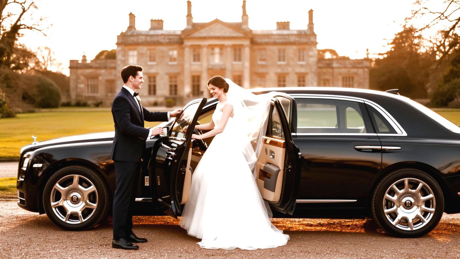 Bride arriving at a grand English country estate with a professional chauffeur