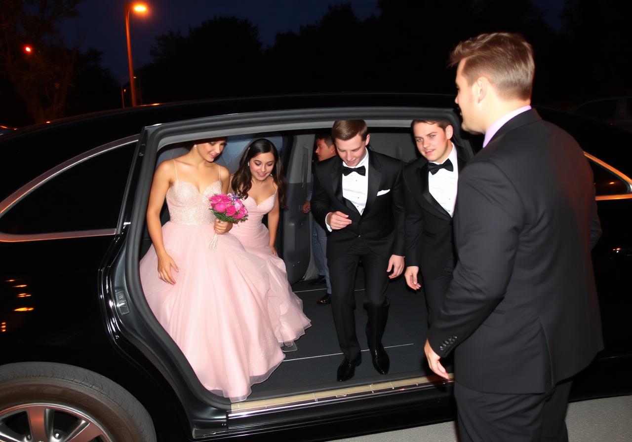 Smartly dressed students arriving at a prom in an executive chauffeur car
