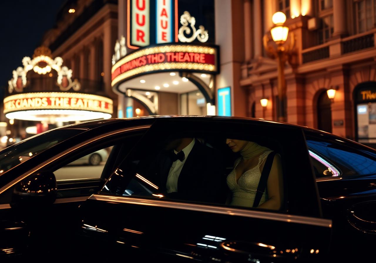 Couple in evening attire arriving at a London theatre in an executive chauffeur car