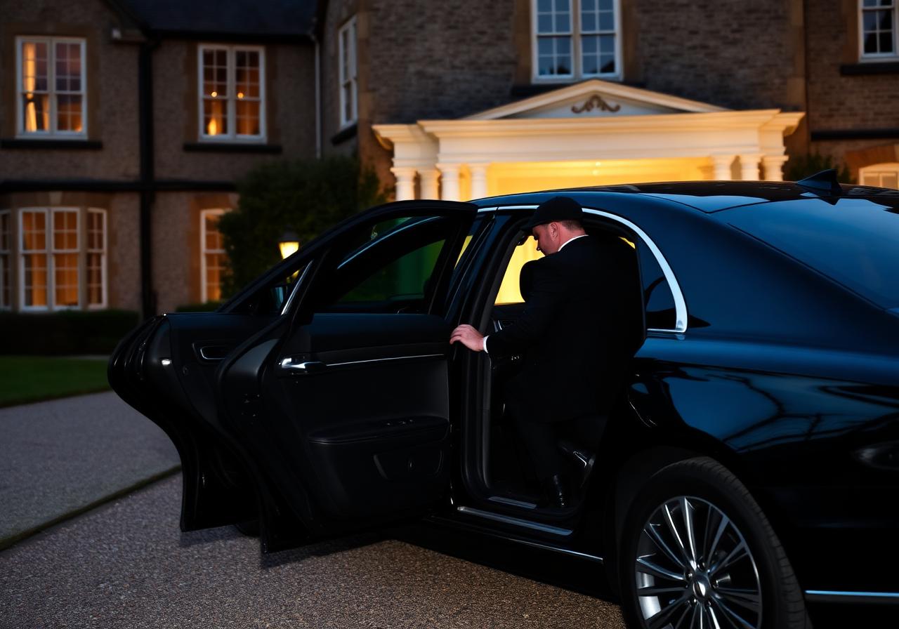 VIP guest arriving at a luxury country house hotel with a professional chauffeur