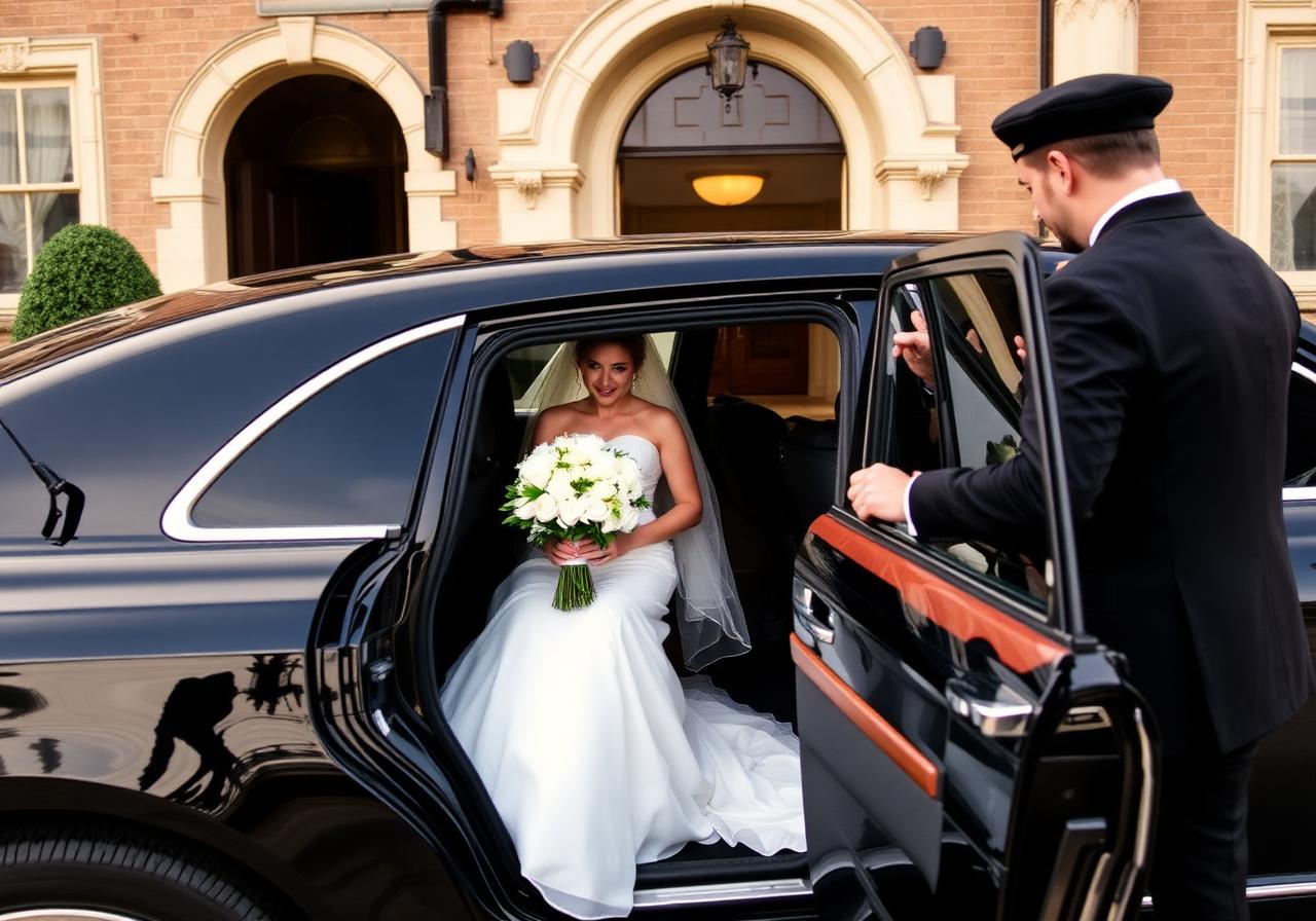 Bride arriving at an elegant wedding venue with a chauffeur opening the car door