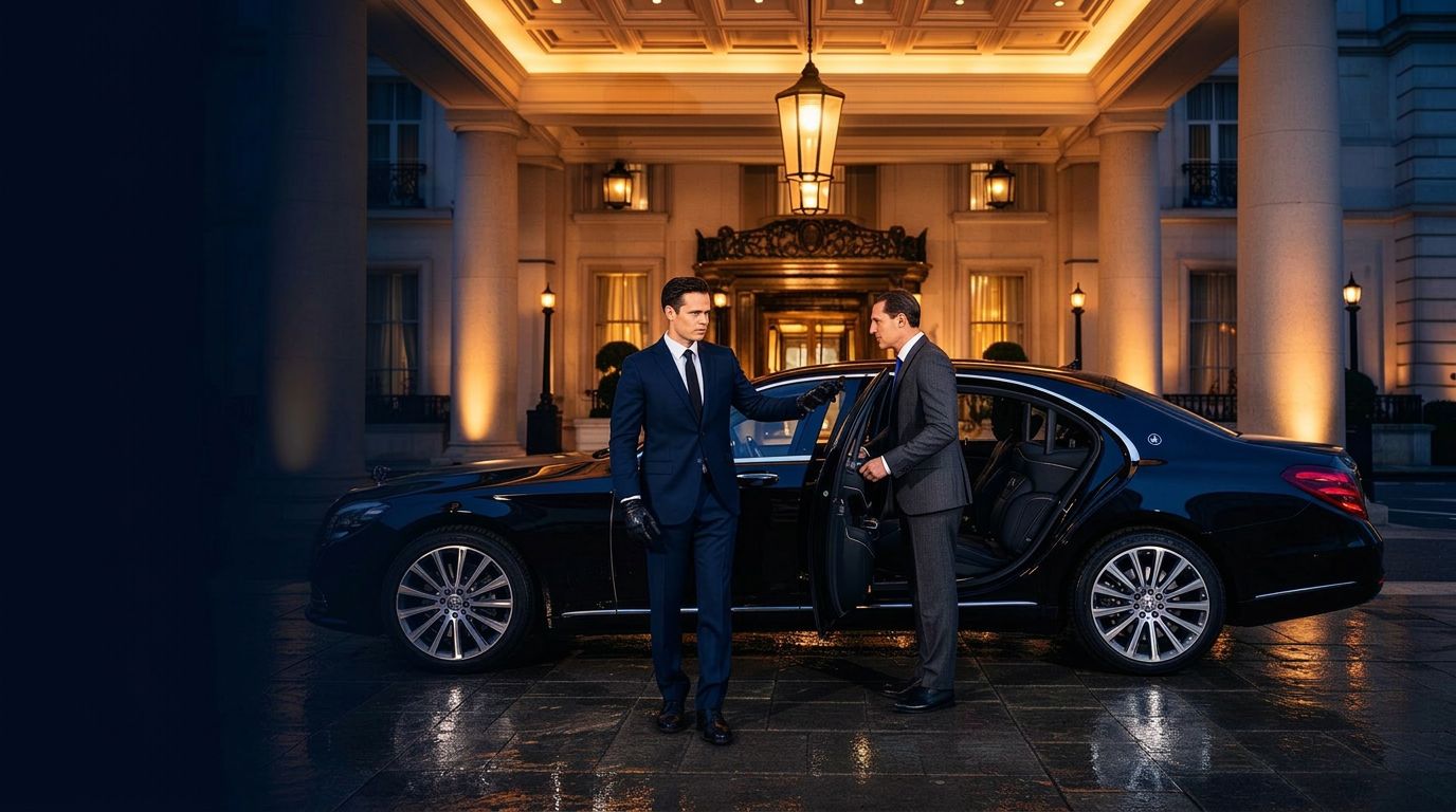 Professional chauffeur standing beside a black executive saloon